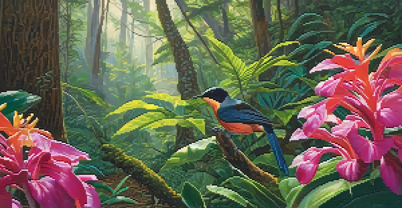 A vibrant Hawaiian forest with endemic plants and a honeycreeper bird perched on a branch, illuminated by sunlight.
