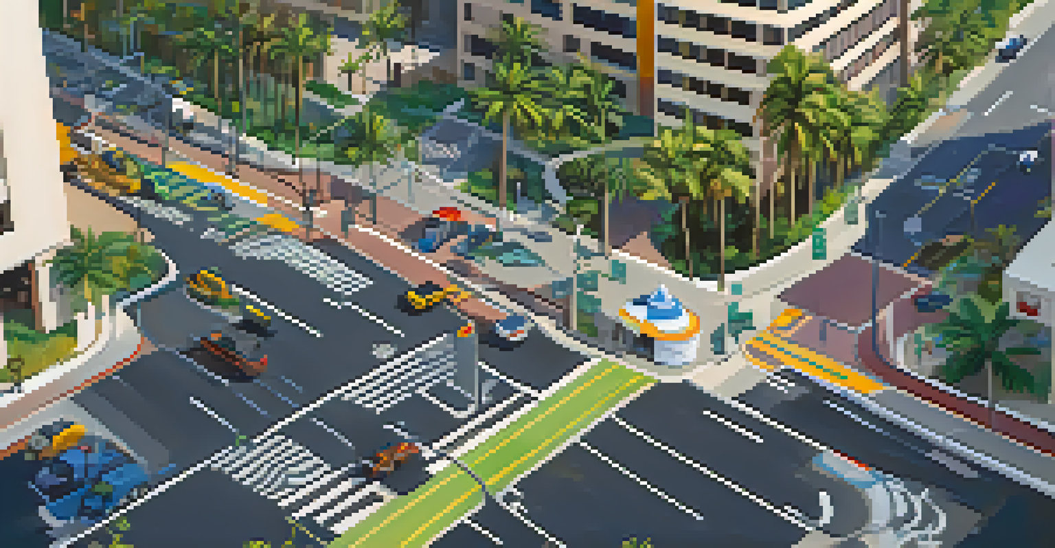 An aerial view of a busy Hawaiian intersection with smart traffic signals and bike lanes, surrounded by palm trees and ocean.