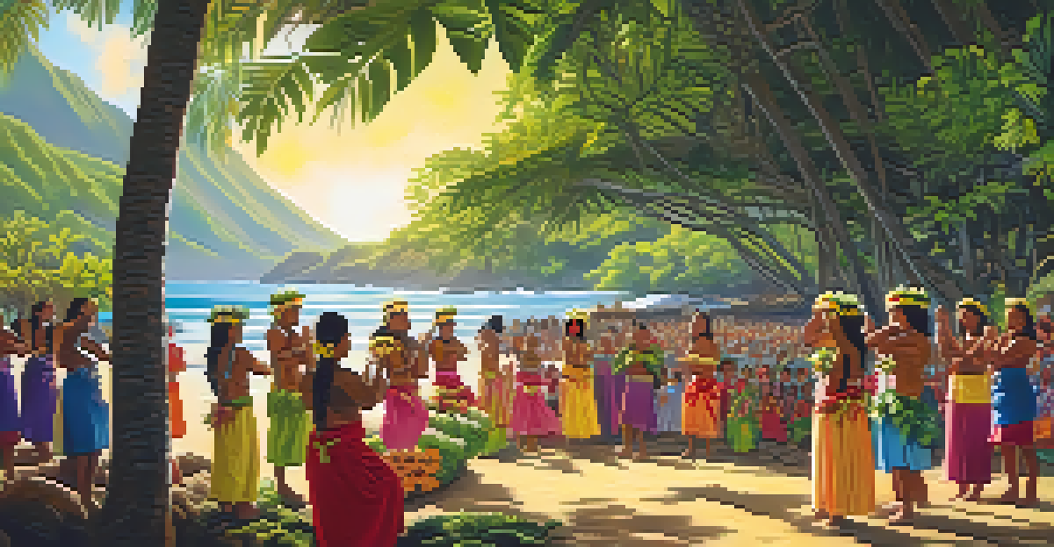 Participants in a Hawaiian festival, dressed in colorful costumes, performing hula and preparing offerings.