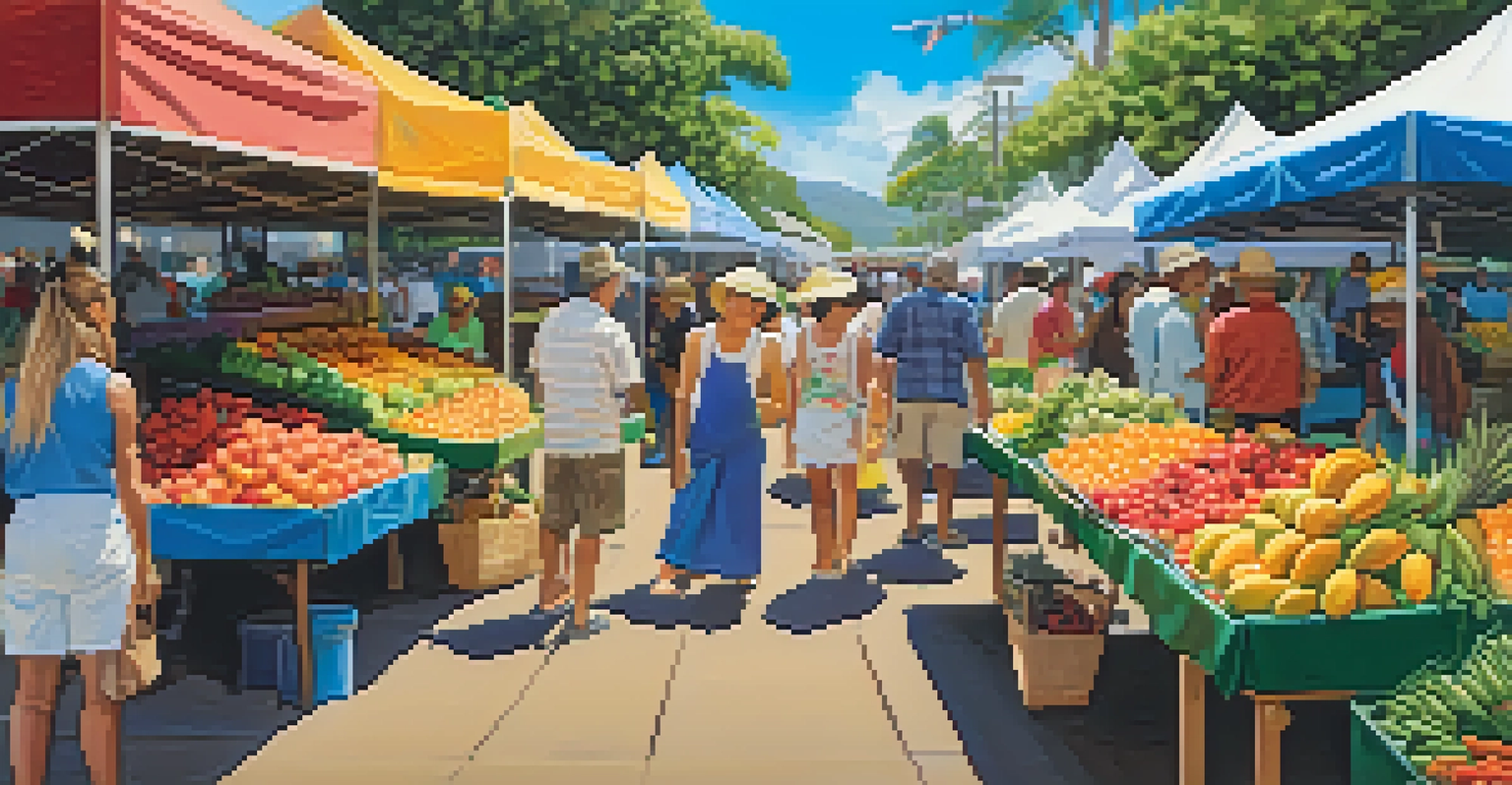 A vibrant farmers' market in Hawaii with vendors showcasing fresh produce and flowers.