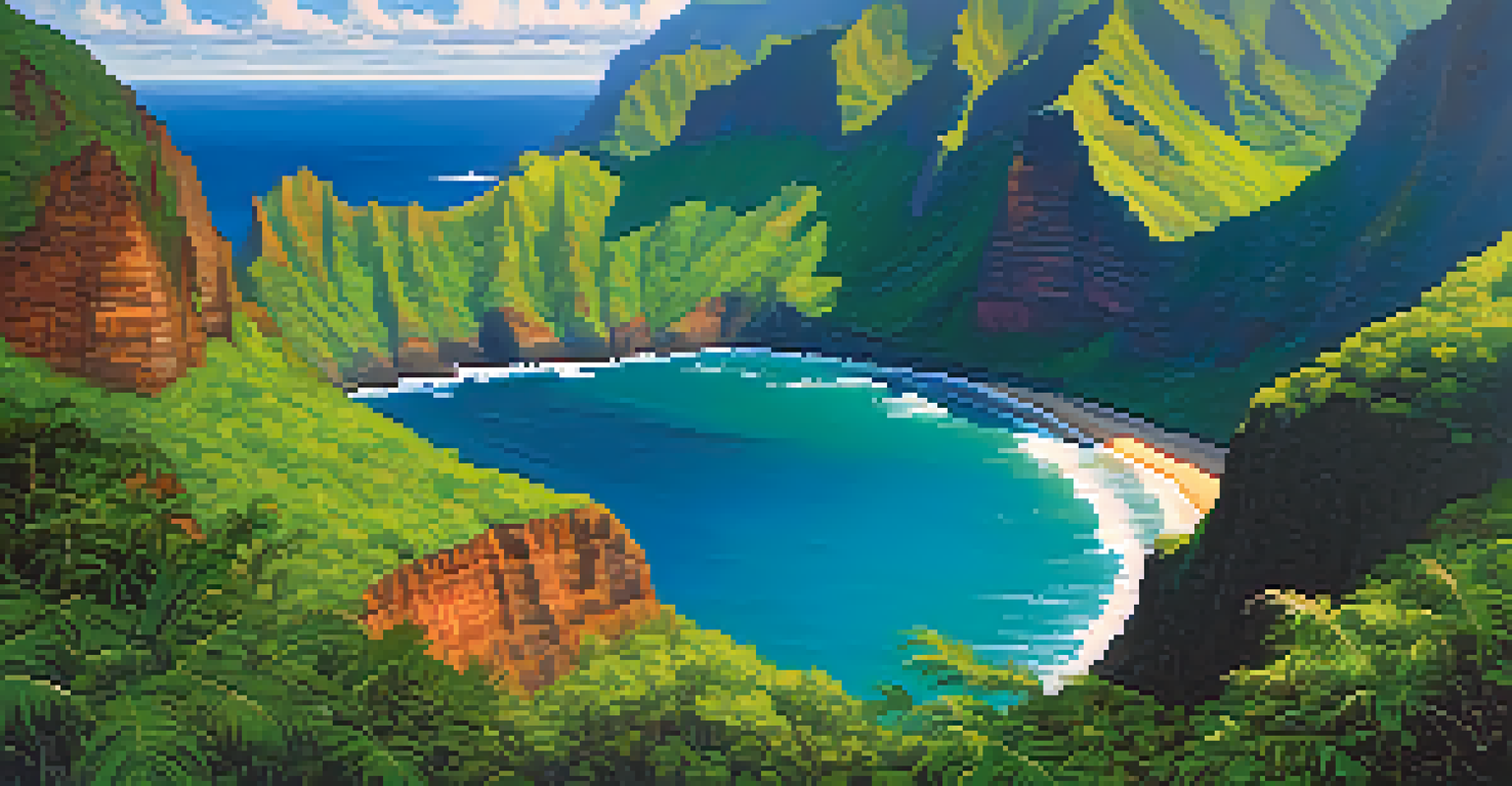 Aerial view of Napali Coast in Kauai, with steep cliffs, turquoise ocean, and lush green valleys.