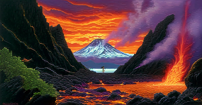 A powerful depiction of Pele, the goddess of volcanoes, standing amidst flowing lava on a volcanic landscape, with a dramatic sky of orange and purple hues.
