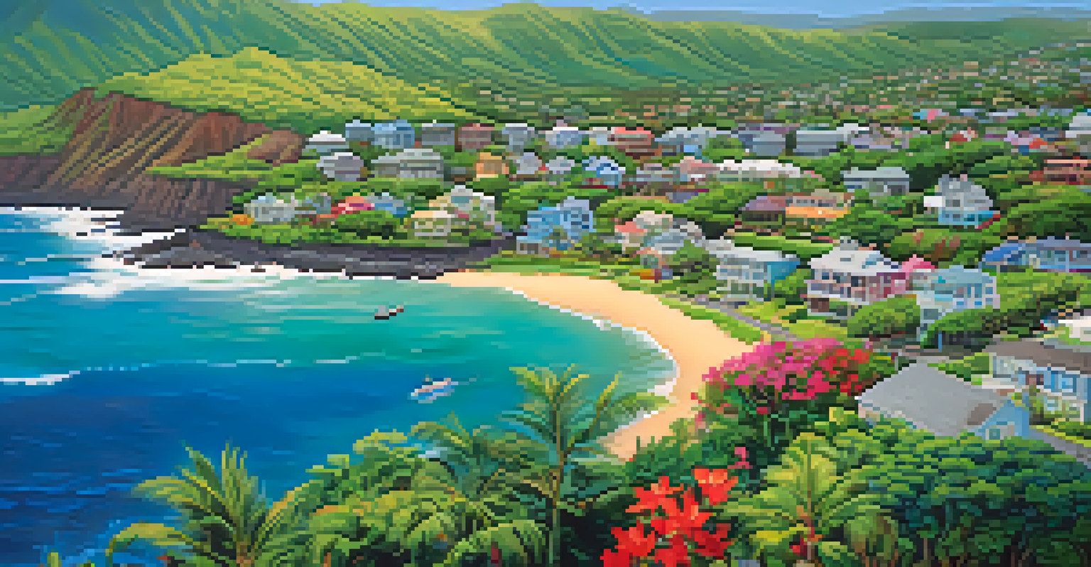 An aerial view of a Hawaiian coastal town with colorful houses and green parks.