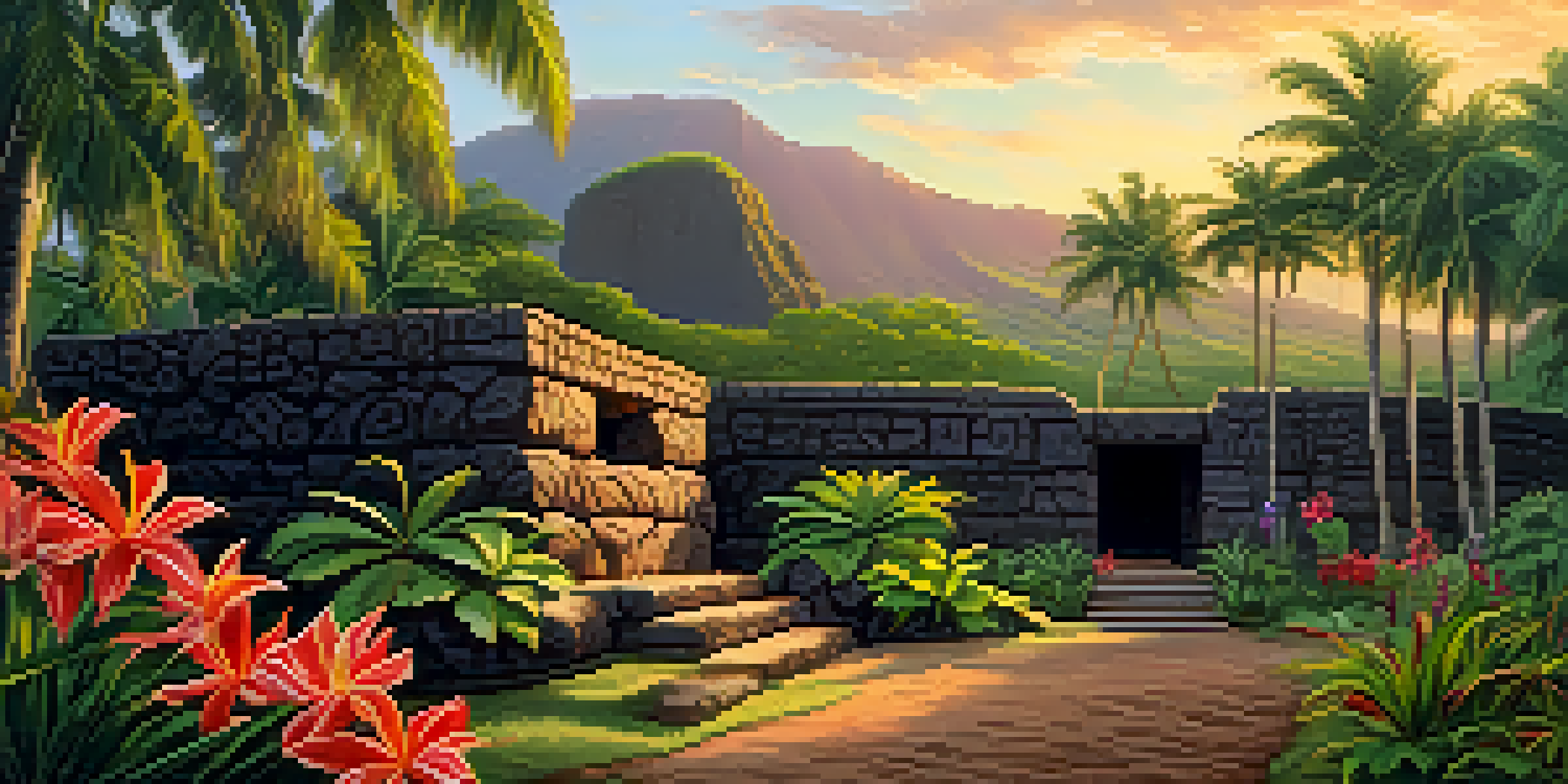 A historic Hawaiian heiau with lush greenery and tropical flowers under a golden sunset.