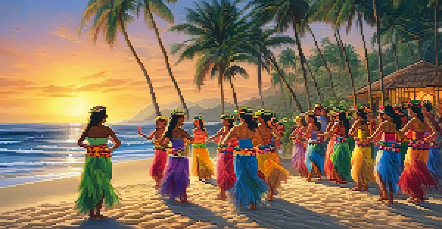 Hula dancers performing at a Hawaiian luau on the beach during sunset.