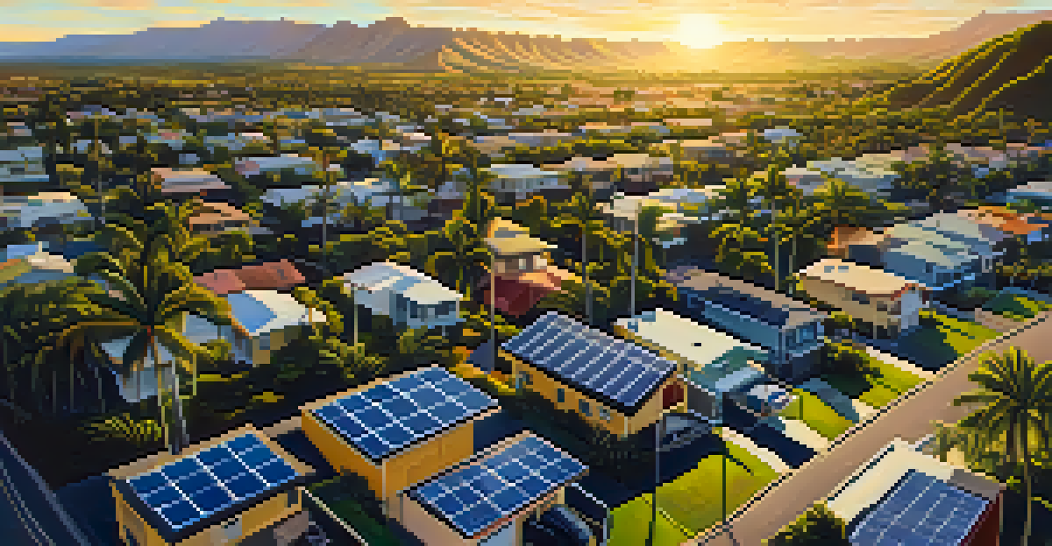 An aerial view of a Hawaiian neighborhood with houses featuring solar panels, illuminated by the warm sunset light.