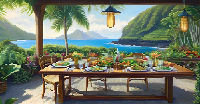 A long wooden table set outdoors with colorful Hawaiian dishes, surrounded by greenery and flowers, under soft sunlight.