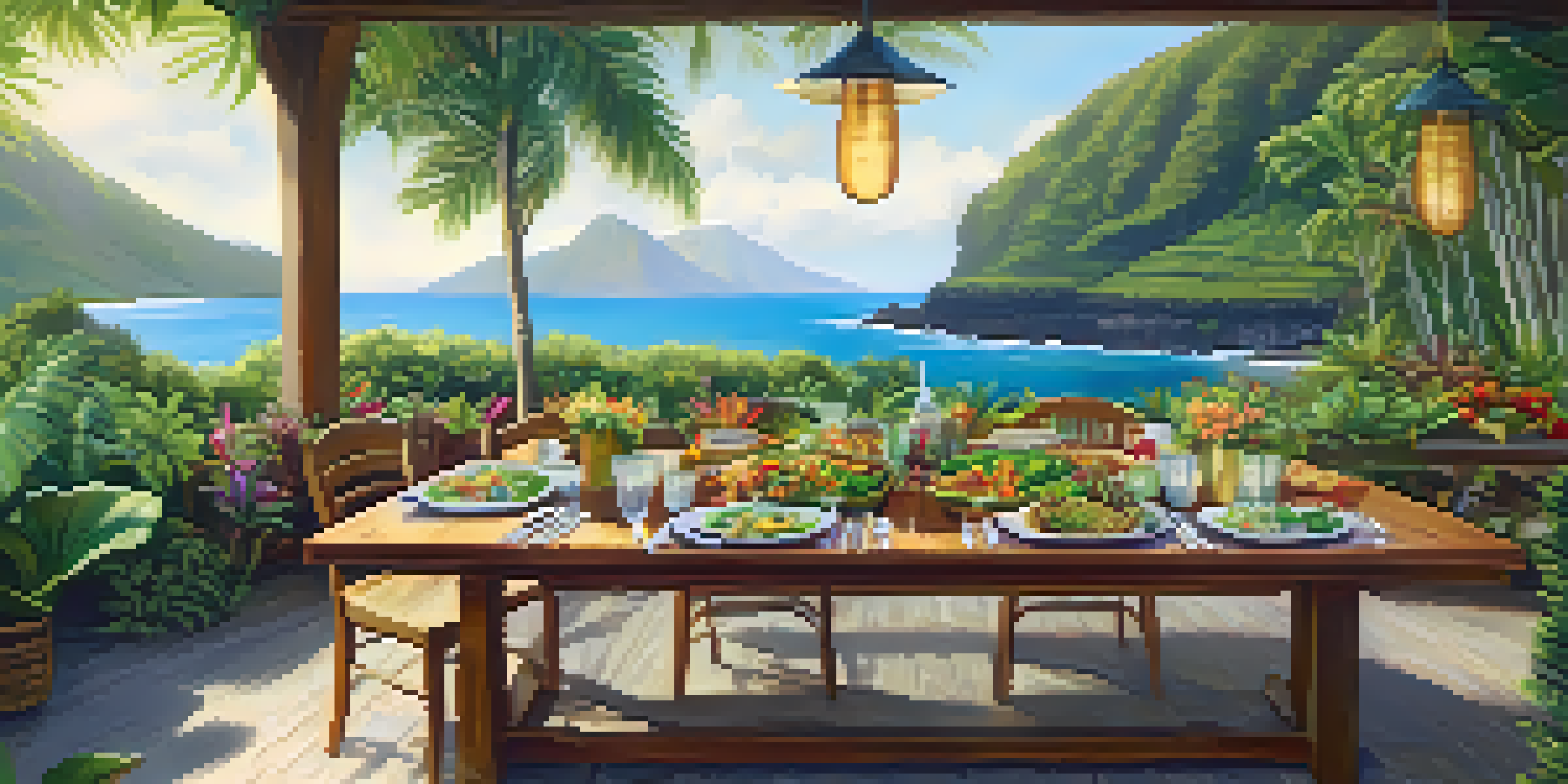 A long wooden table set outdoors with colorful Hawaiian dishes, surrounded by greenery and flowers, under soft sunlight.