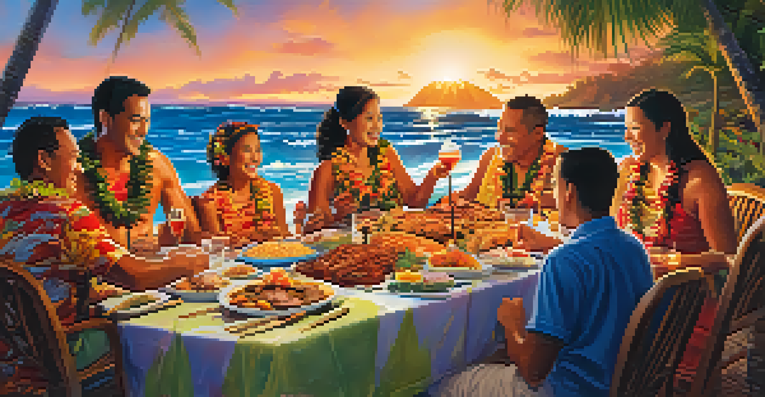 A Hawaiian family celebration with a traditional feast, vibrant colors, and sunset over the ocean, depicting warmth and togetherness.