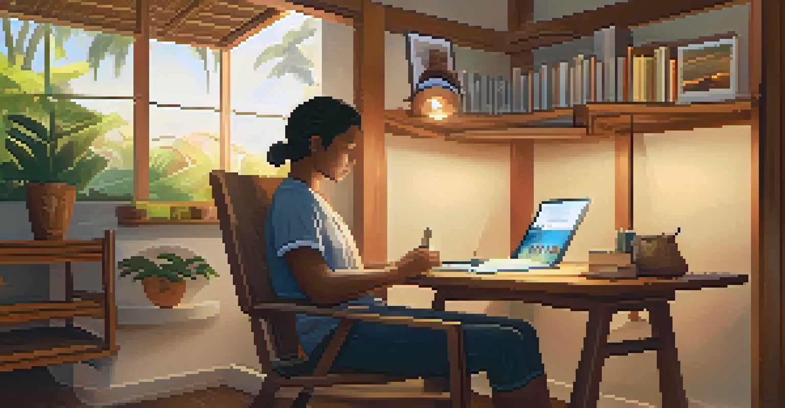 An individual studying the Hawaiian language on a tablet in a cozy and well-lit setting, surrounded by books on Hawaiian culture.