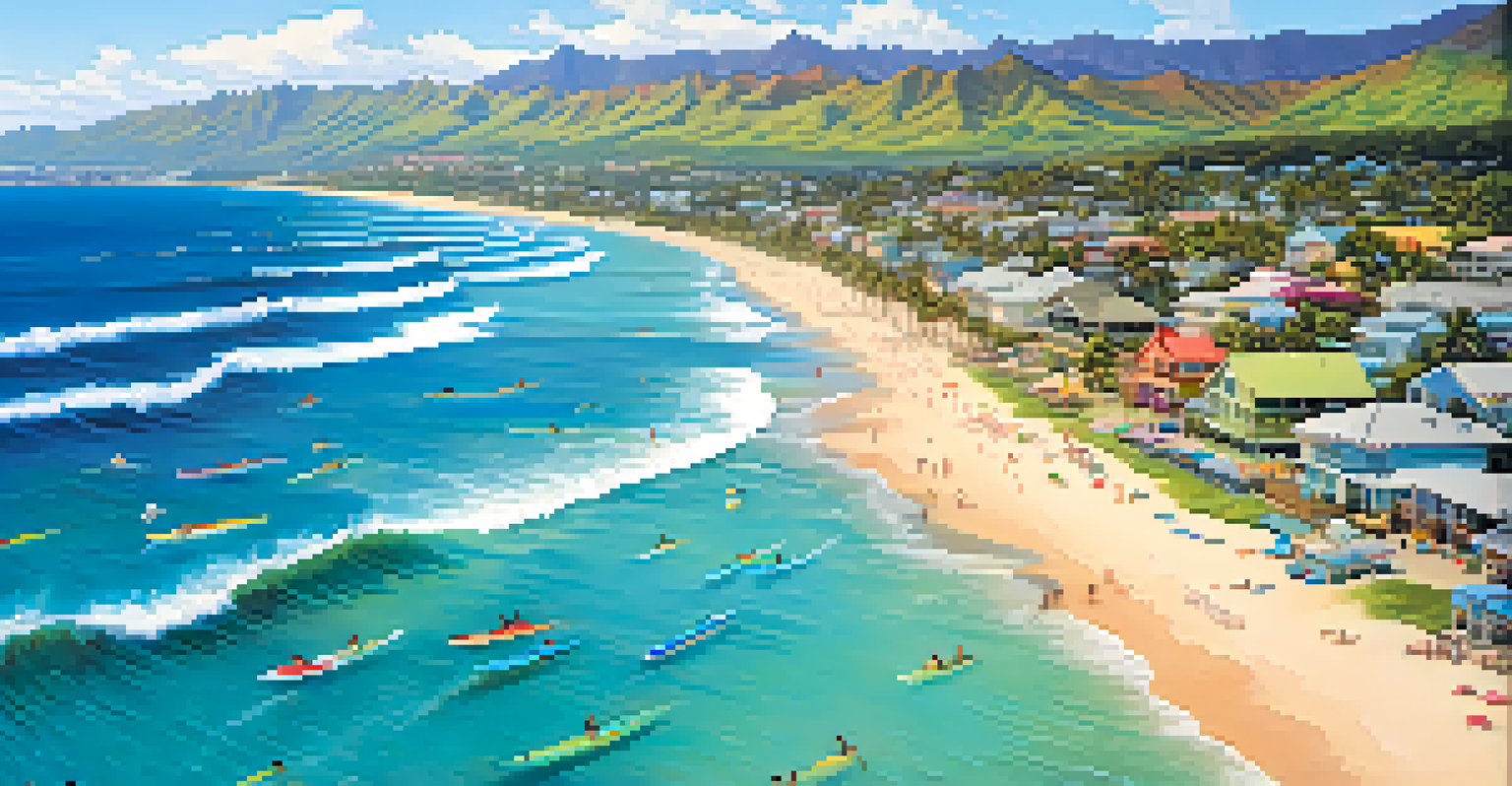 An aerial view of a vibrant beach community in Hawaii with beach houses, tourists, and surfers on a sunny day.