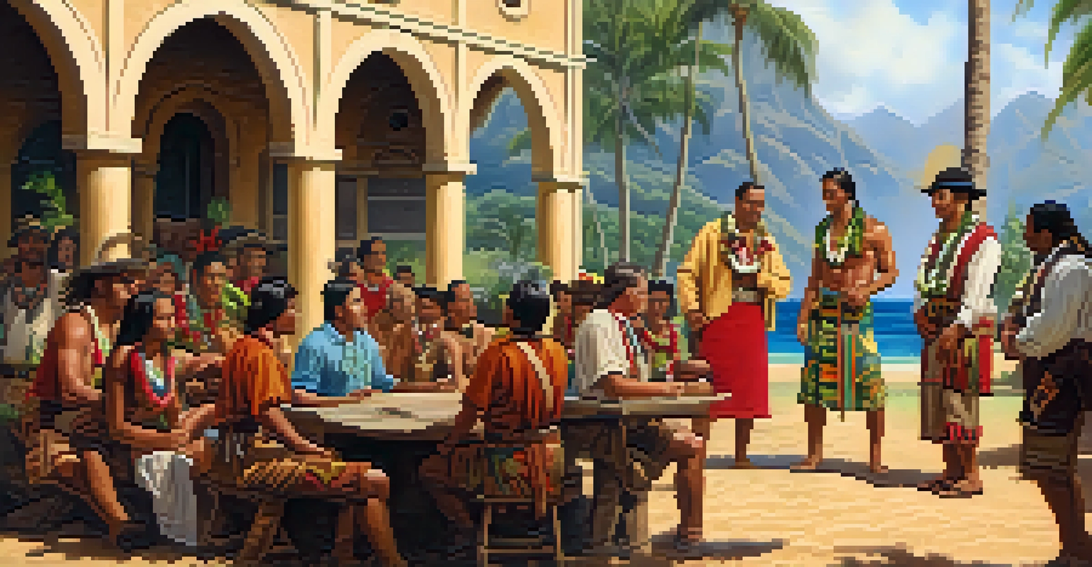 A scene of cultural exchange between Hawaiian natives and American missionaries, with a church in the background reflecting the blend of Hawaiian and Western architecture.