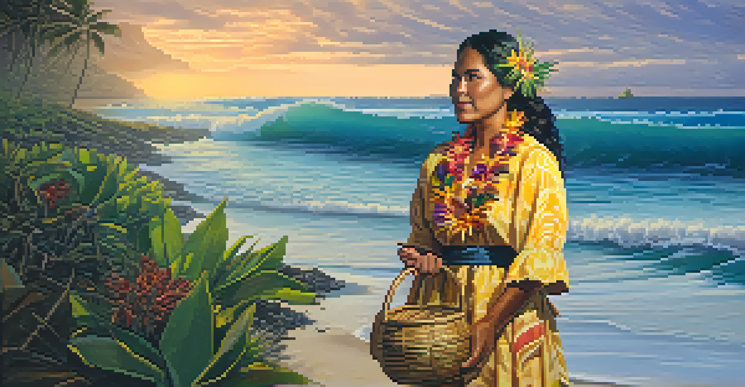 An indigenous Hawaiian woman on the beach at sunset, holding a basket of native plants and wearing a colorful dress and a flower lei.