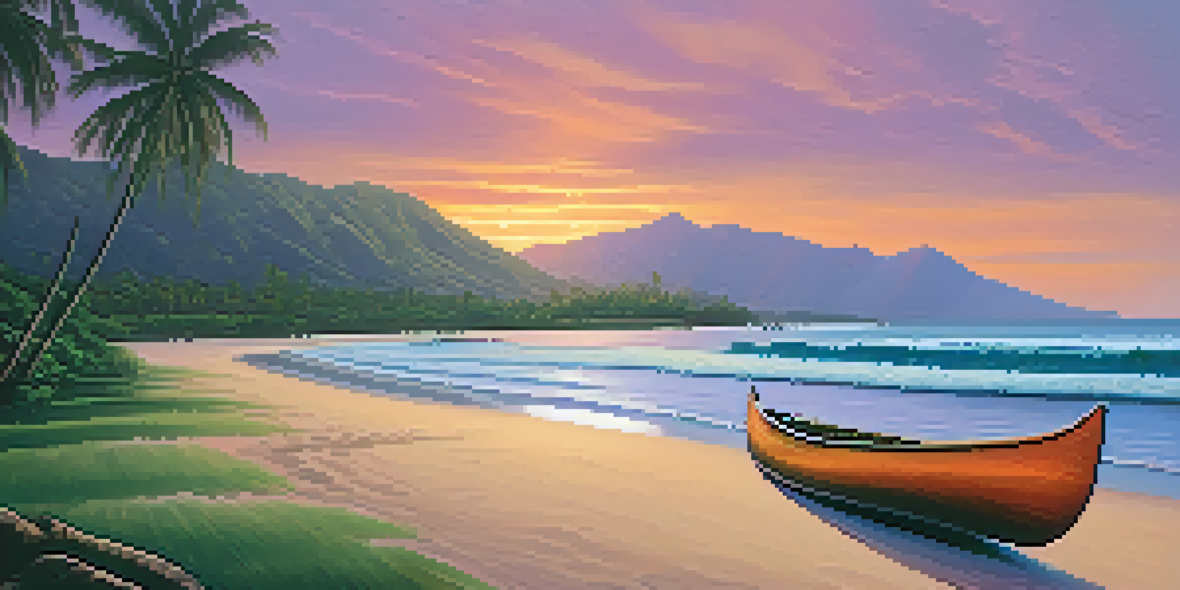 A picturesque Hawaiian landscape featuring mountains, a beach, and a sunset sky with vibrant colors.