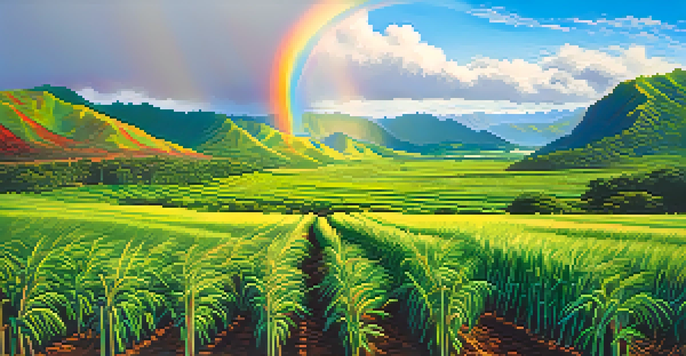 A picturesque view of Hawaii's agricultural fields with sugarcane and coffee plants, under a bright sky and a rainbow.