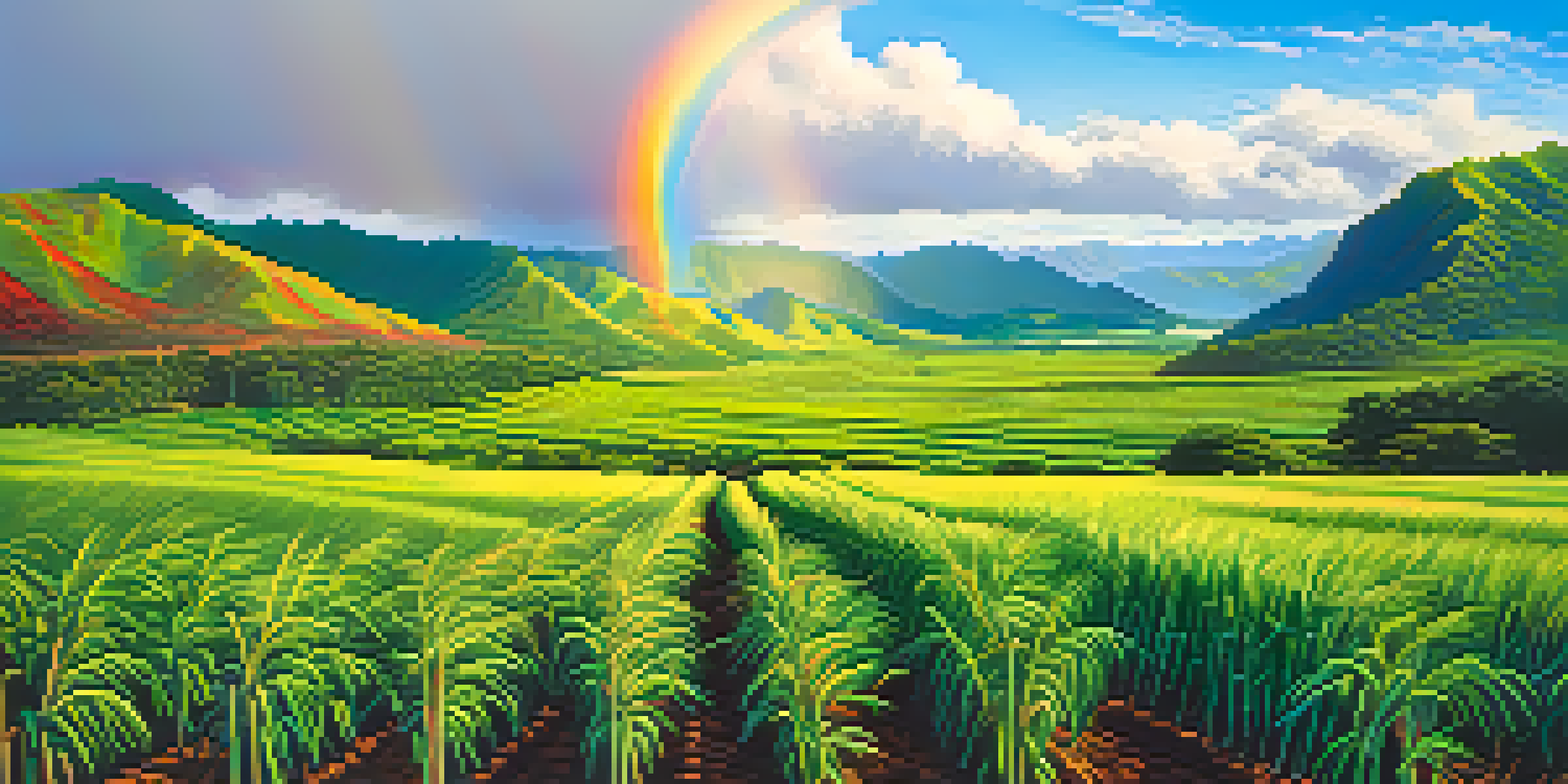 A picturesque view of Hawaii's agricultural fields with sugarcane and coffee plants, under a bright sky and a rainbow.