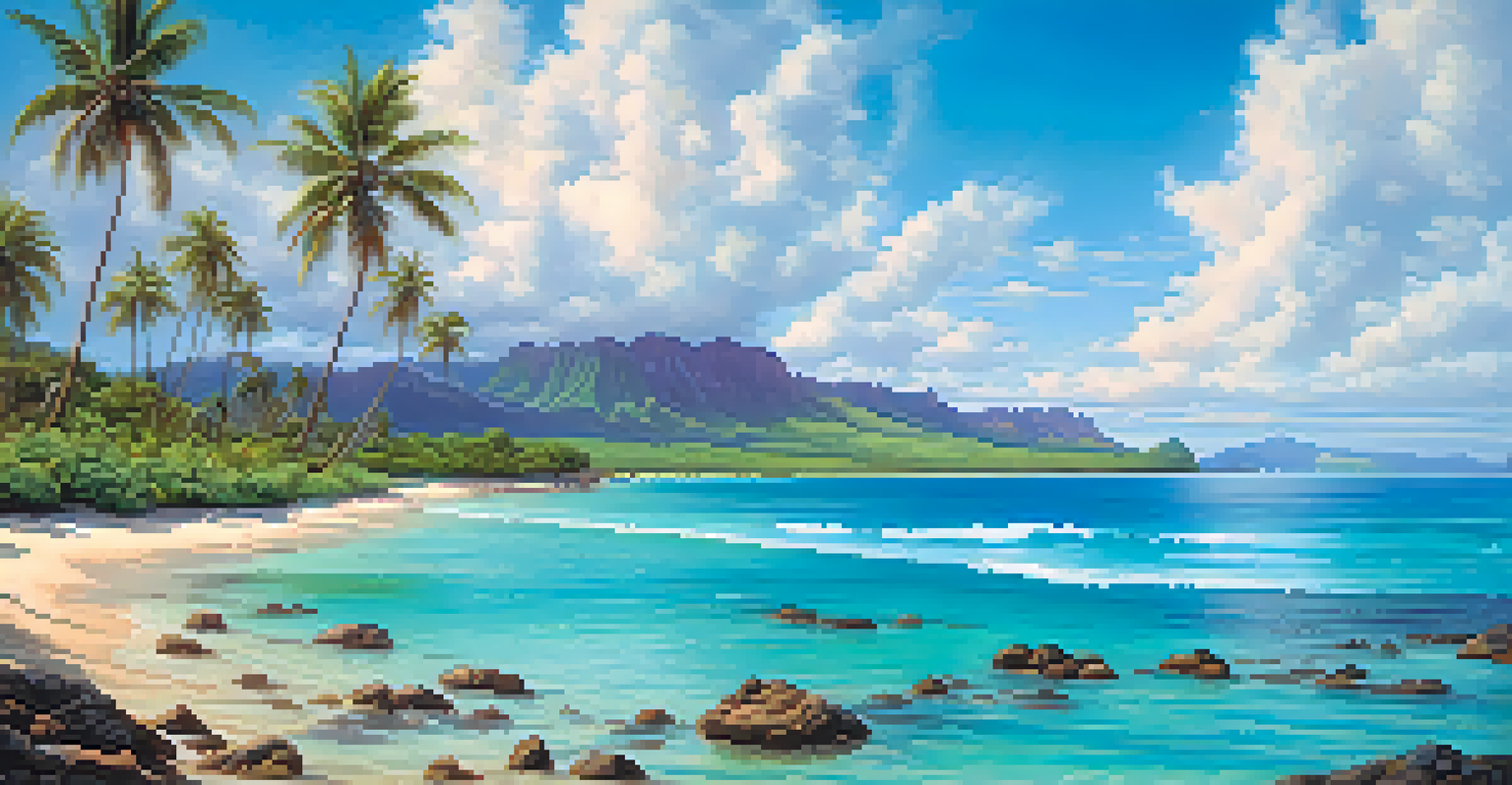 A beautiful Hawaiian coastline with clear water revealing coral reefs beneath, surrounded by palm trees and blue sky.