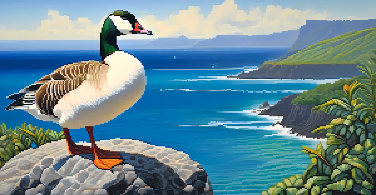 A close-up of a Hawaiian goose perched on a rock, with an ocean view in the background showcasing its beautiful feathers.