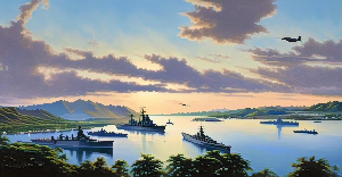 A scenic view of Pearl Harbor at dawn with battleships and green hills in the background.