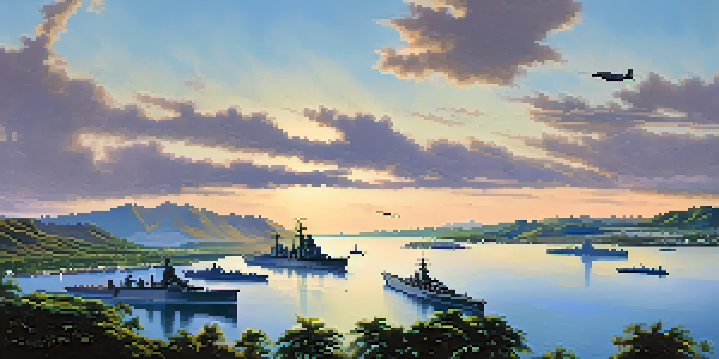 A scenic view of Pearl Harbor at dawn with battleships and green hills in the background.