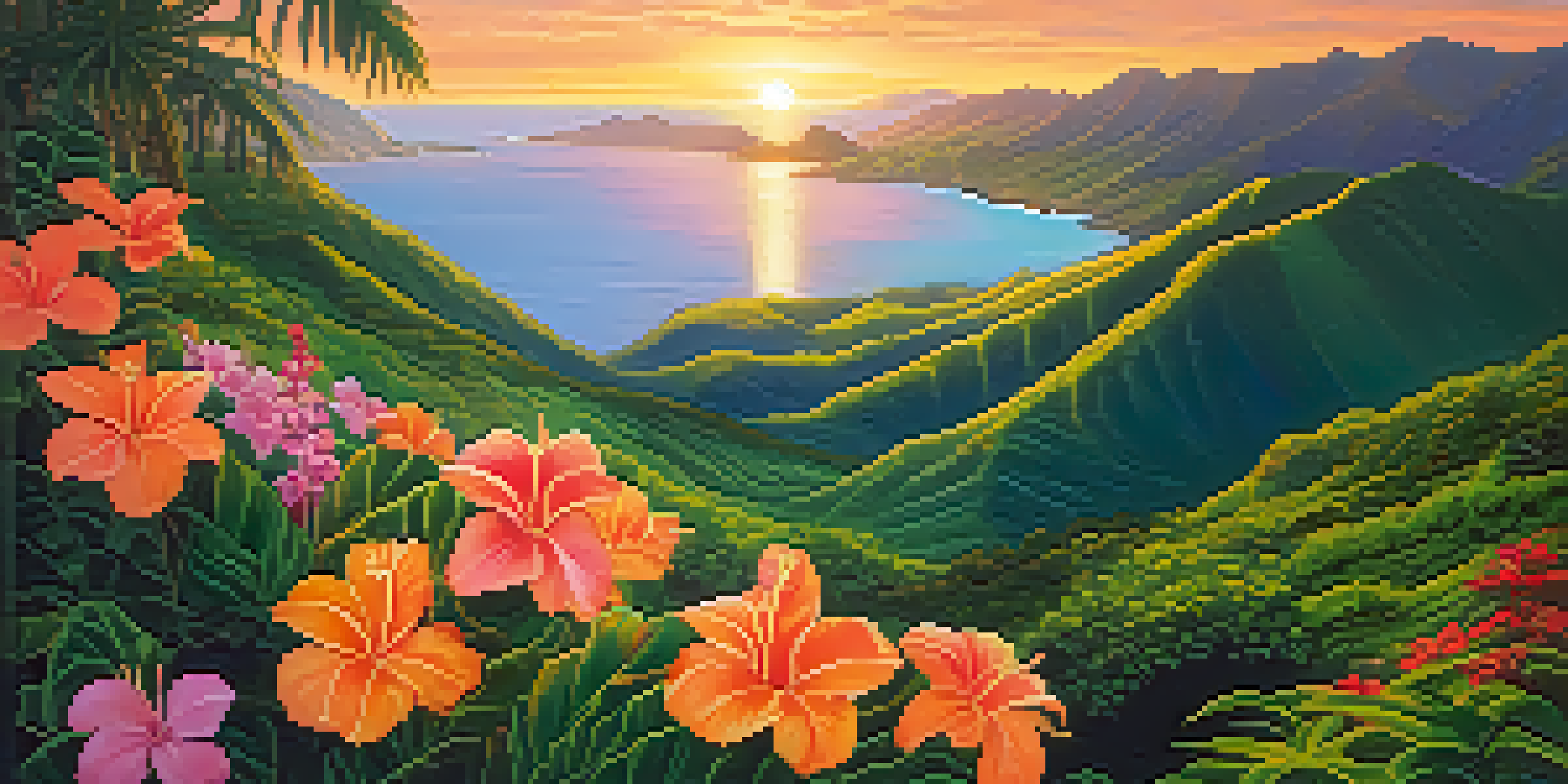 A vibrant Hawaiian landscape at sunrise with green mountains, tropical flowers, and a blue ocean reflecting sunlight.