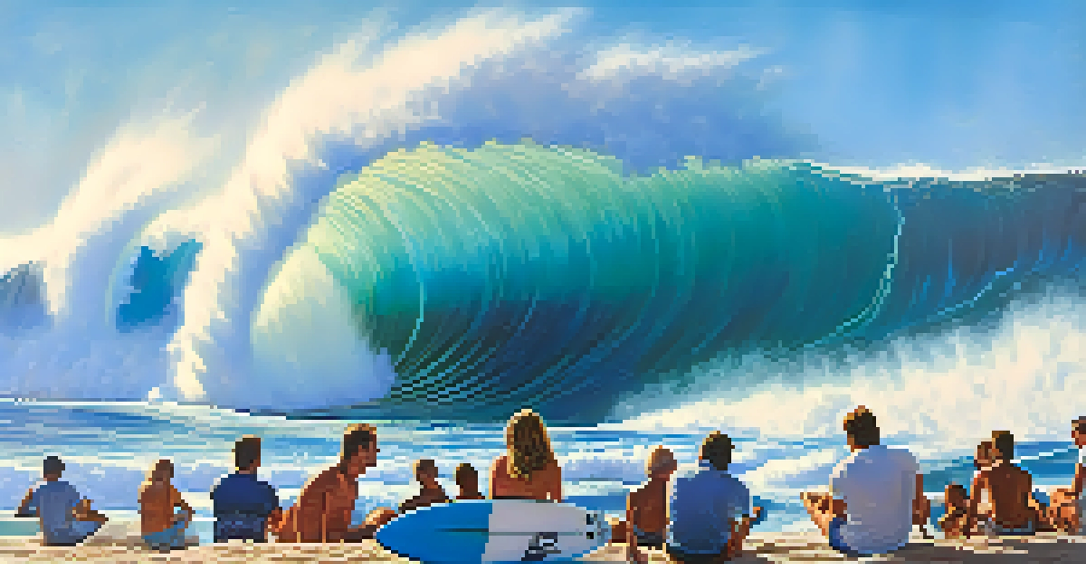 A surfer riding a large wave at Pipeline on Oahu's North Shore, with spectators on the beach.