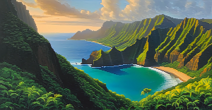 A stunning landscape of the Na Pali Coast with green cliffs and a turquoise ocean during sunset.