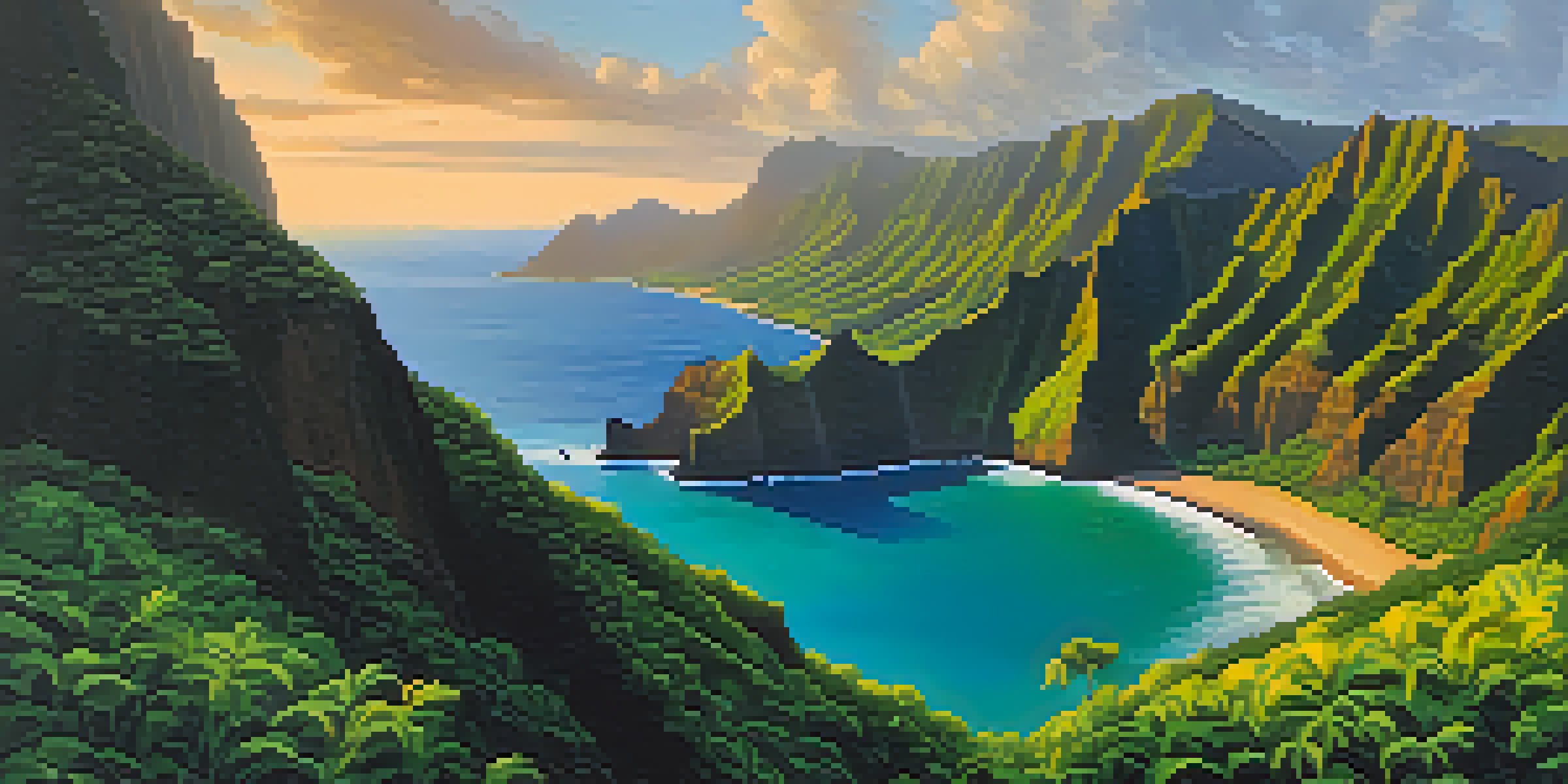 A stunning landscape of the Na Pali Coast with green cliffs and a turquoise ocean during sunset.