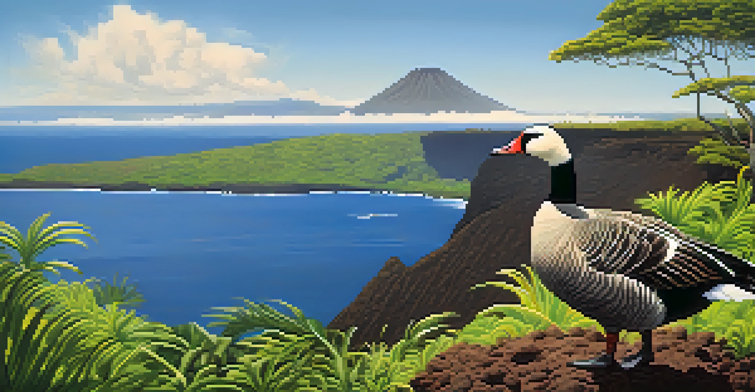 A Hawaiian Goose foraging in Hawaii Volcanoes National Park with a backdrop of lava fields and Kilauea volcano.