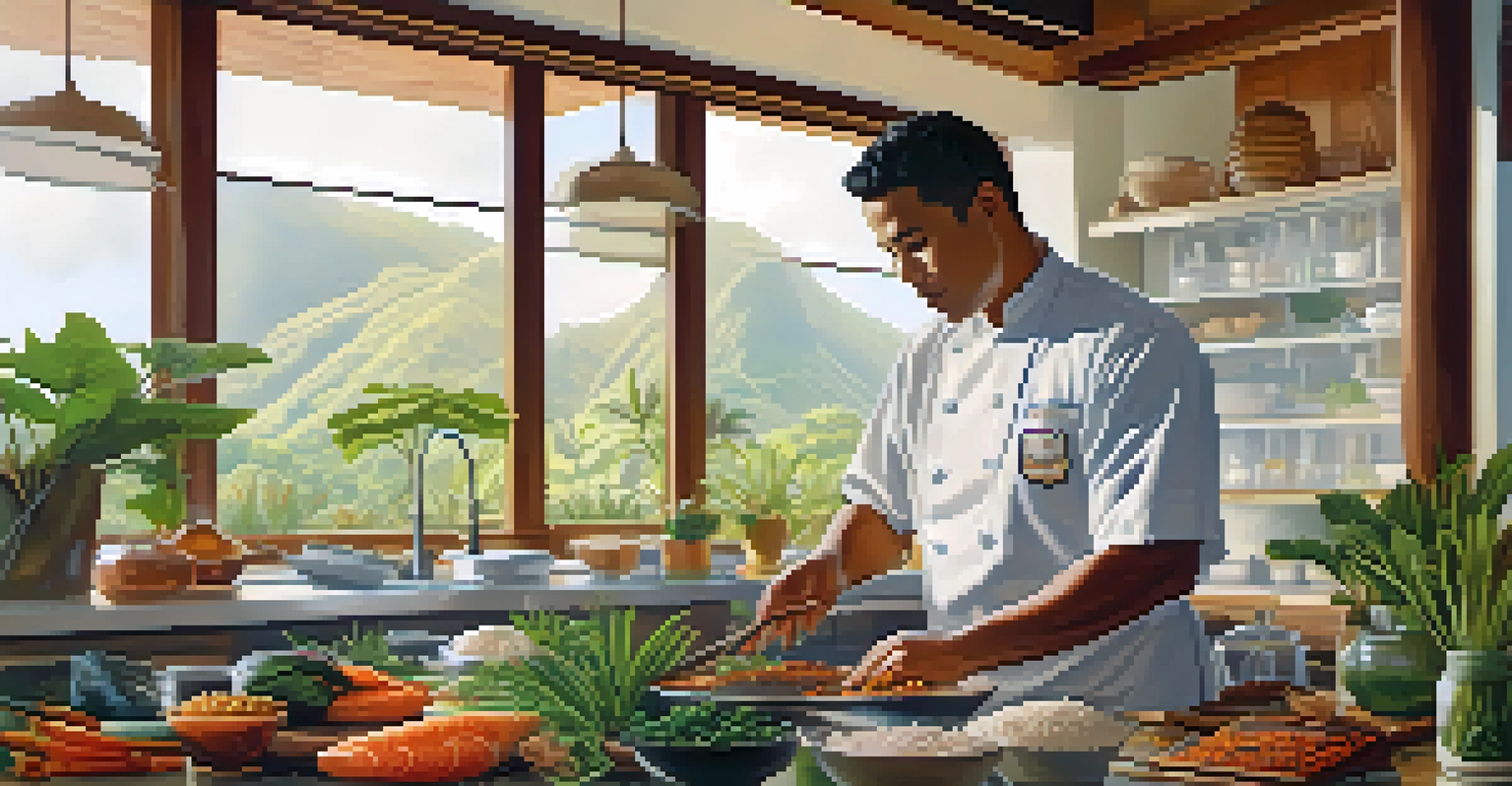 A chef preparing a dish with indigenous Hawaiian ingredients in a bright and modern kitchen.