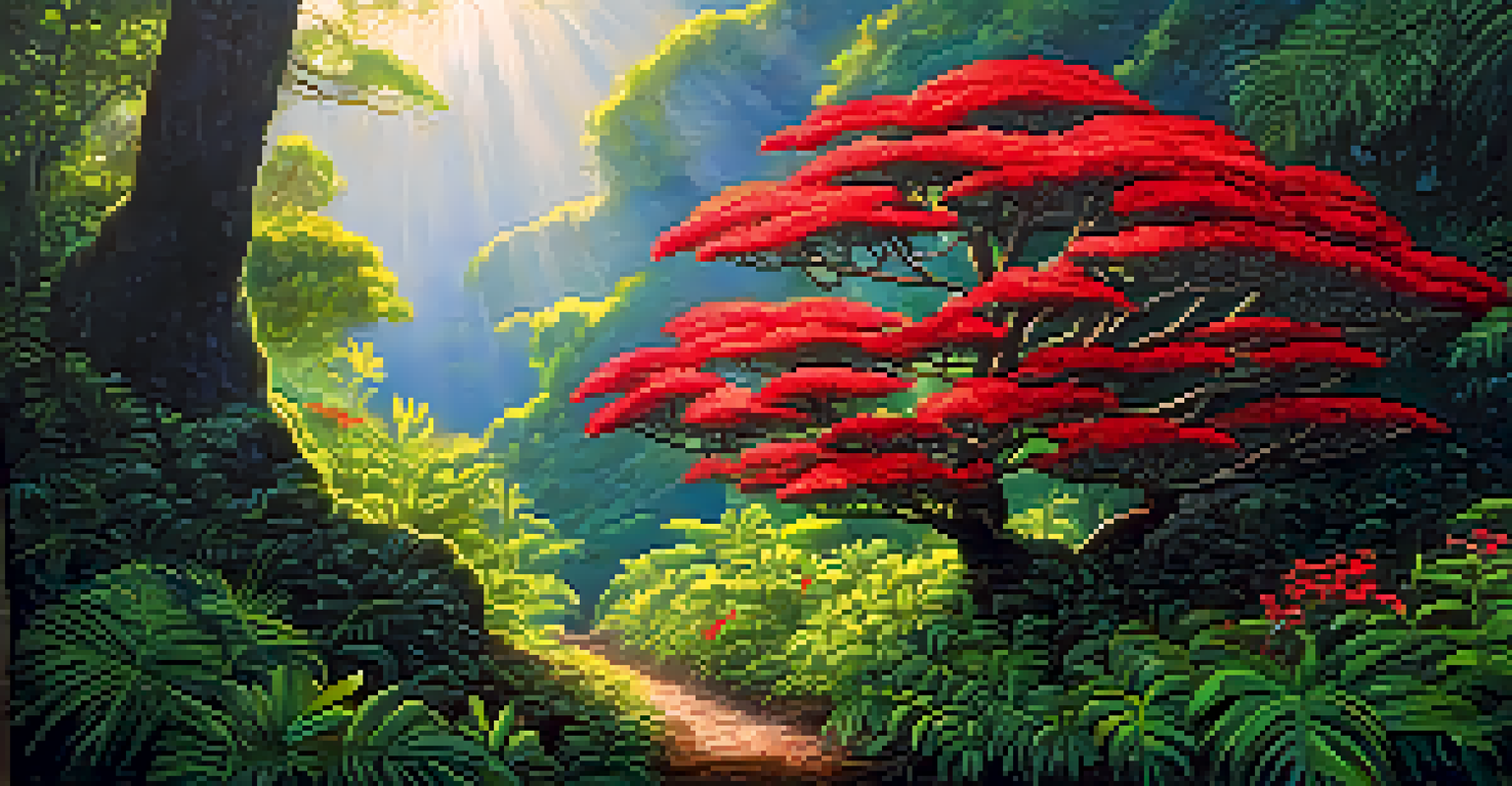 A vibrant 'ōhi'a lehua tree with red flowers in a lush Hawaiian rainforest, illuminated by dappled sunlight filtering through the trees.