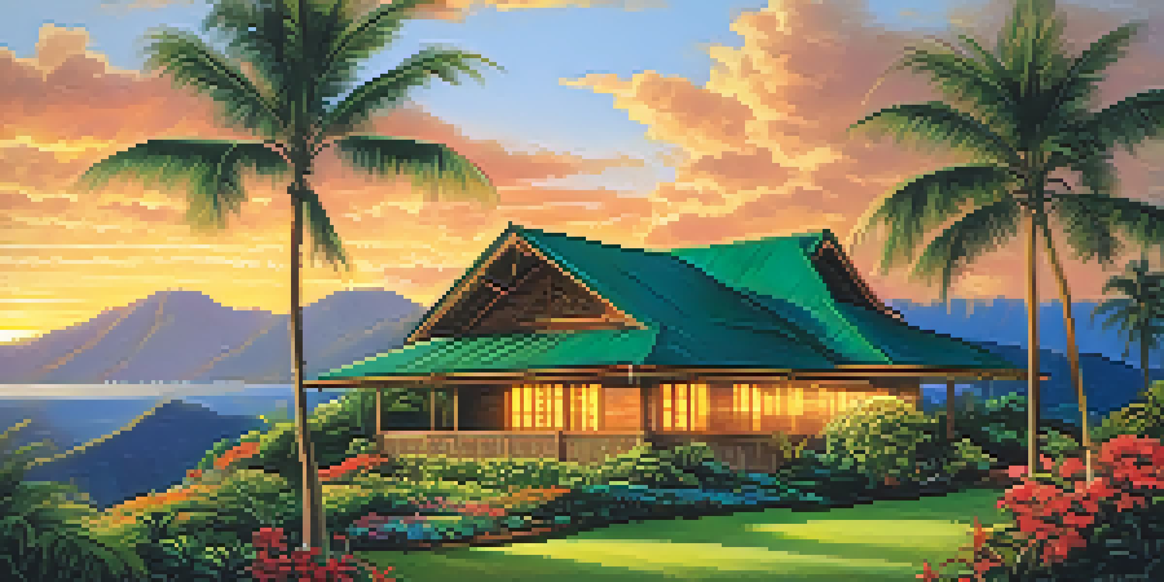 A peaceful Hawaiian scene with green mountains, tropical flowers, and a sunset, showcasing a traditional Hawaiian home among palm trees.