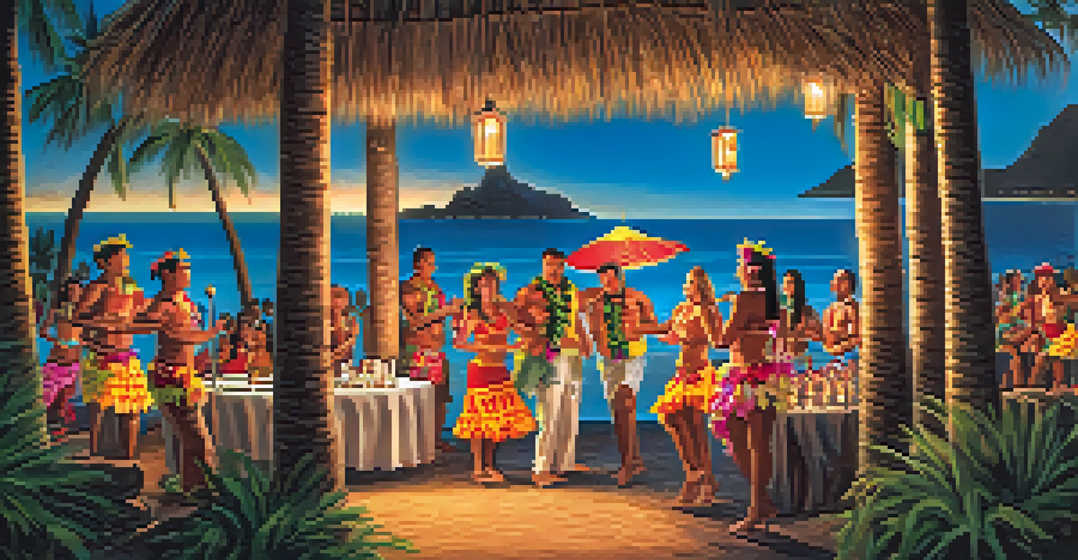 Hula dancers performing at a Hawaiian luau with tiki torches and a beach sunset in the background.