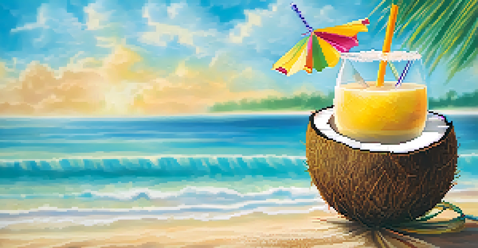 A refreshing coconut drink in a coconut shell with a pineapple slice, set against a beautiful beach backdrop.