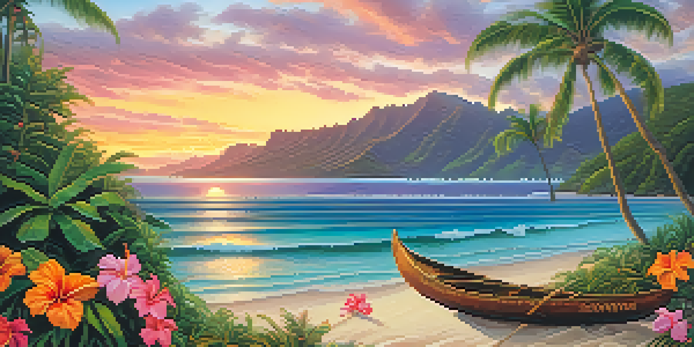 A picturesque Hawaiian sunrise with mountains, ocean, and a traditional canoe on the beach, surrounded by colorful flowers and palm trees.