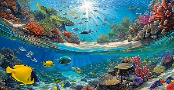 An underwater scene of a Hawaiian coral reef with colorful corals, tropical fish, and a green sea turtle, illuminated by sunlight.