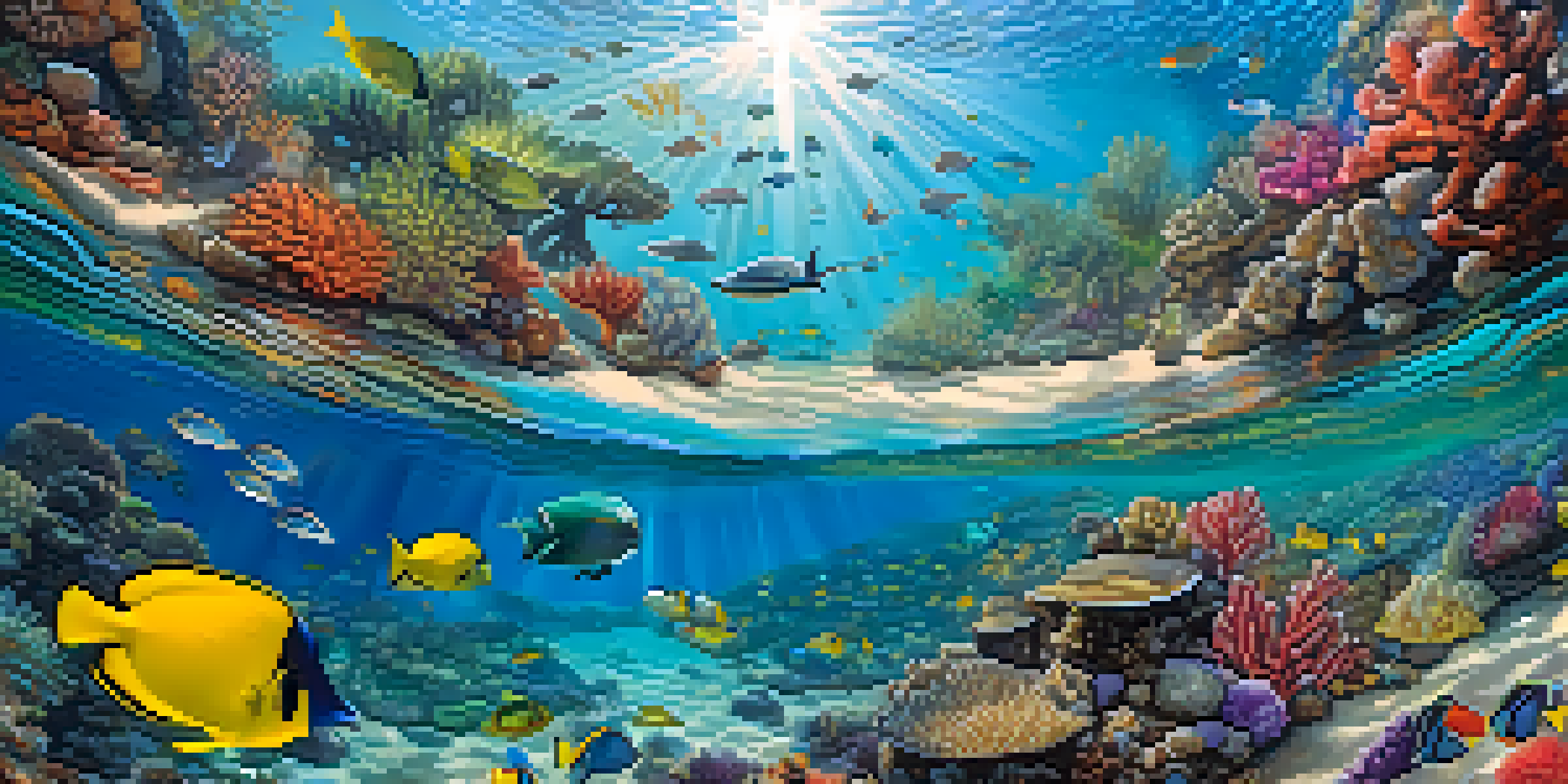 An underwater scene of a Hawaiian coral reef with colorful corals, tropical fish, and a green sea turtle, illuminated by sunlight.