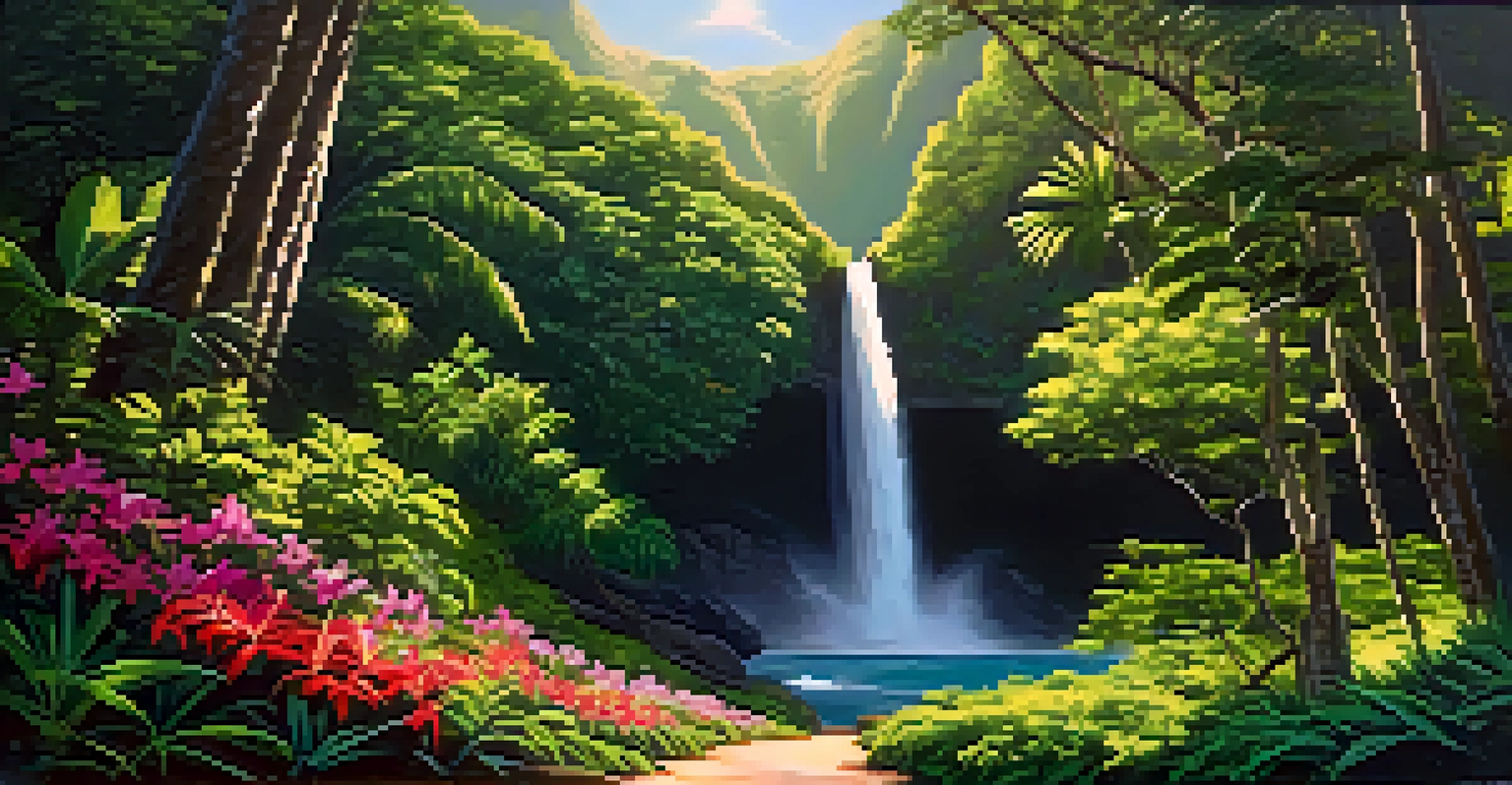 A vibrant hiking trail in Hawaii during spring with blooming flowers and a waterfall.