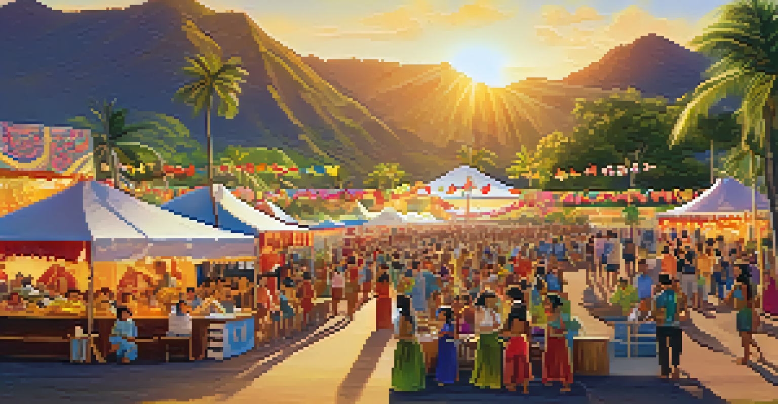 A lively Hawaiian cultural festival showcasing traditional crafts, food, and performances under a golden sunset.