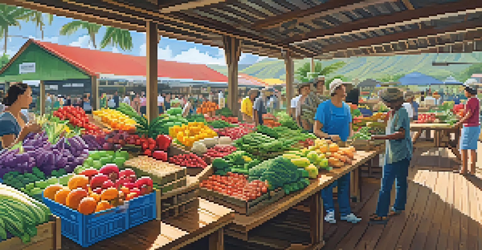 A vibrant CSA market in Hawaii with fresh produce and local farmers interacting with community members.