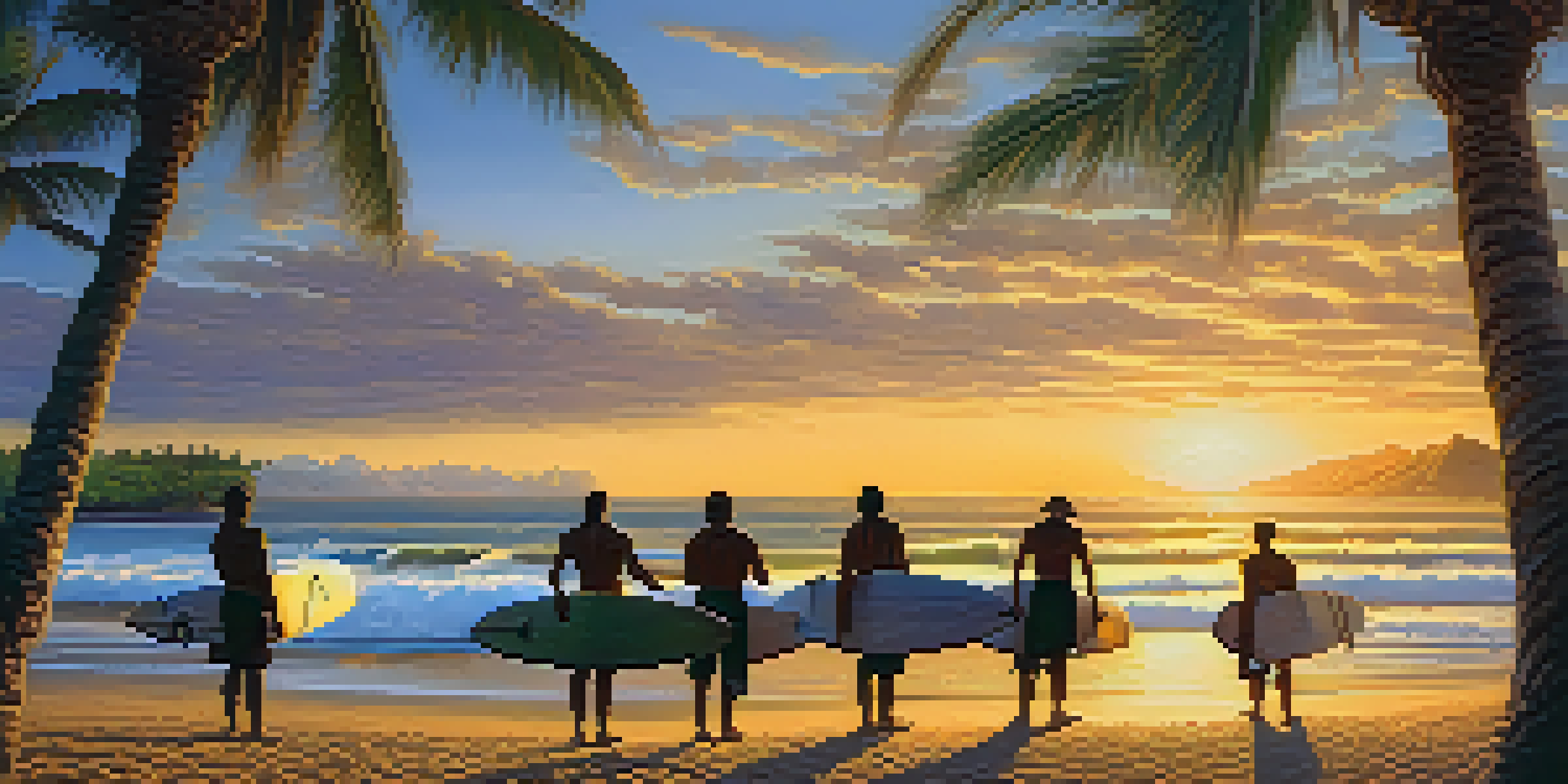 A peaceful Hawaiian beach at sunrise with surfers preparing their wooden boards on the sand.