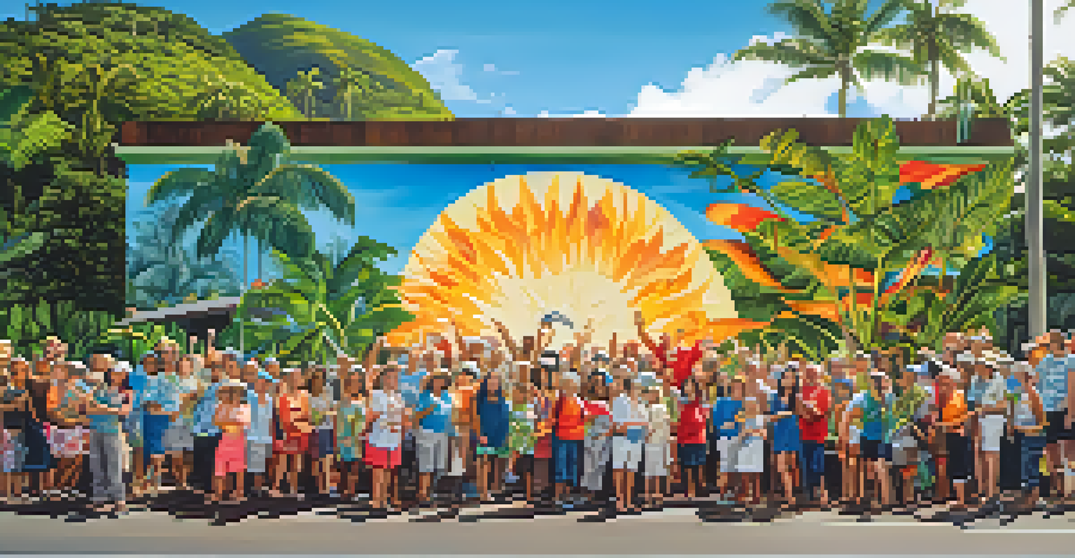 Local residents participating in a community mural painting event, showcasing collaboration and creativity against a backdrop of tropical plants.