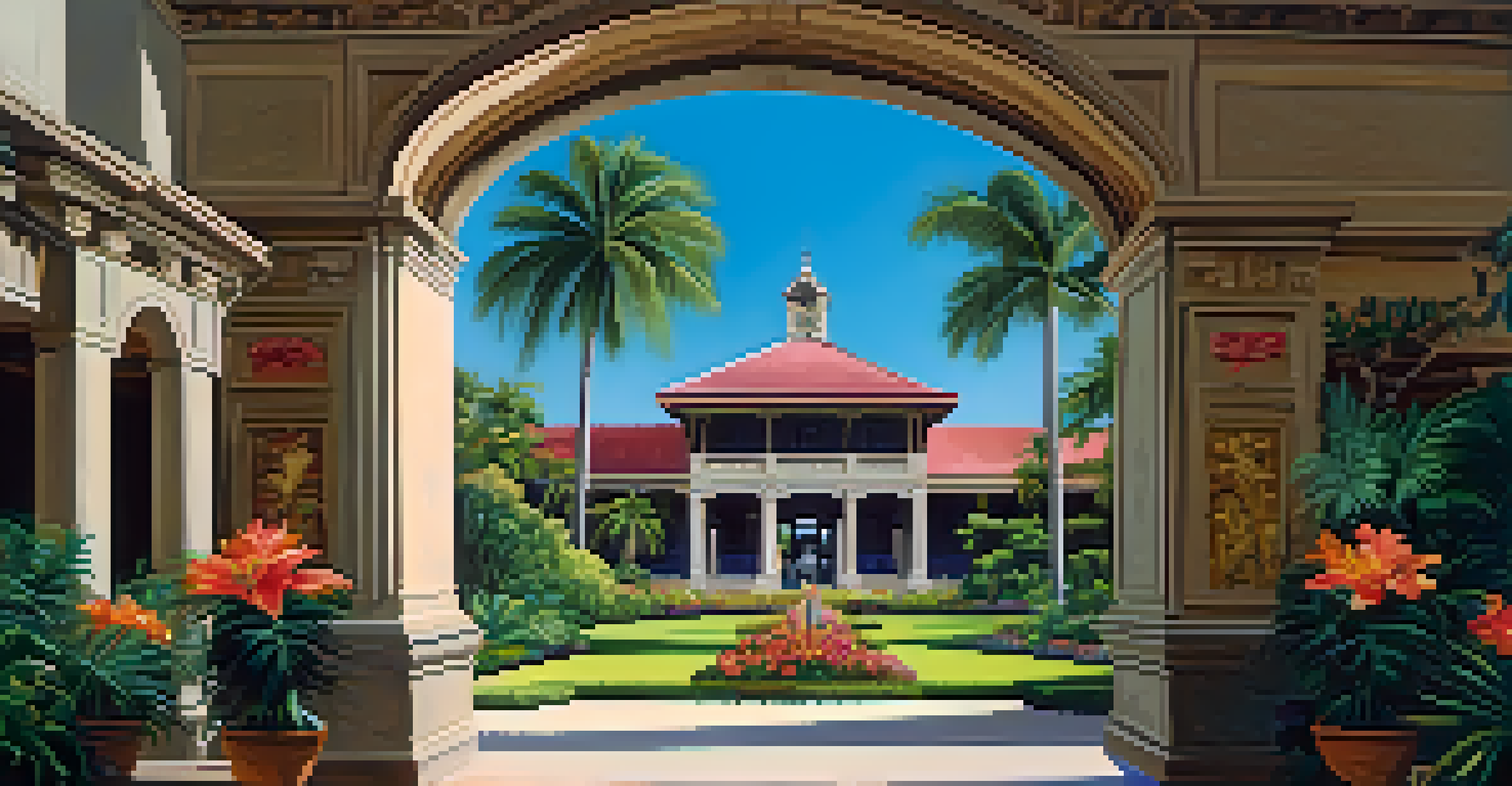 Exterior view of Bishop Museum in Honolulu surrounded by tropical gardens and clear blue skies.