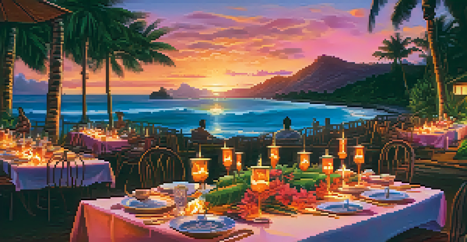 An outdoor dining scene at sunset with traditional Hawaiian dishes, tiki torches, and diners enjoying live music.