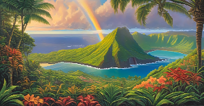 A beautiful Hawaiian landscape at sunrise with green mountains, a waterfall, a rainbow, tropical flowers in the foreground, and a sparkling ocean in the distance.