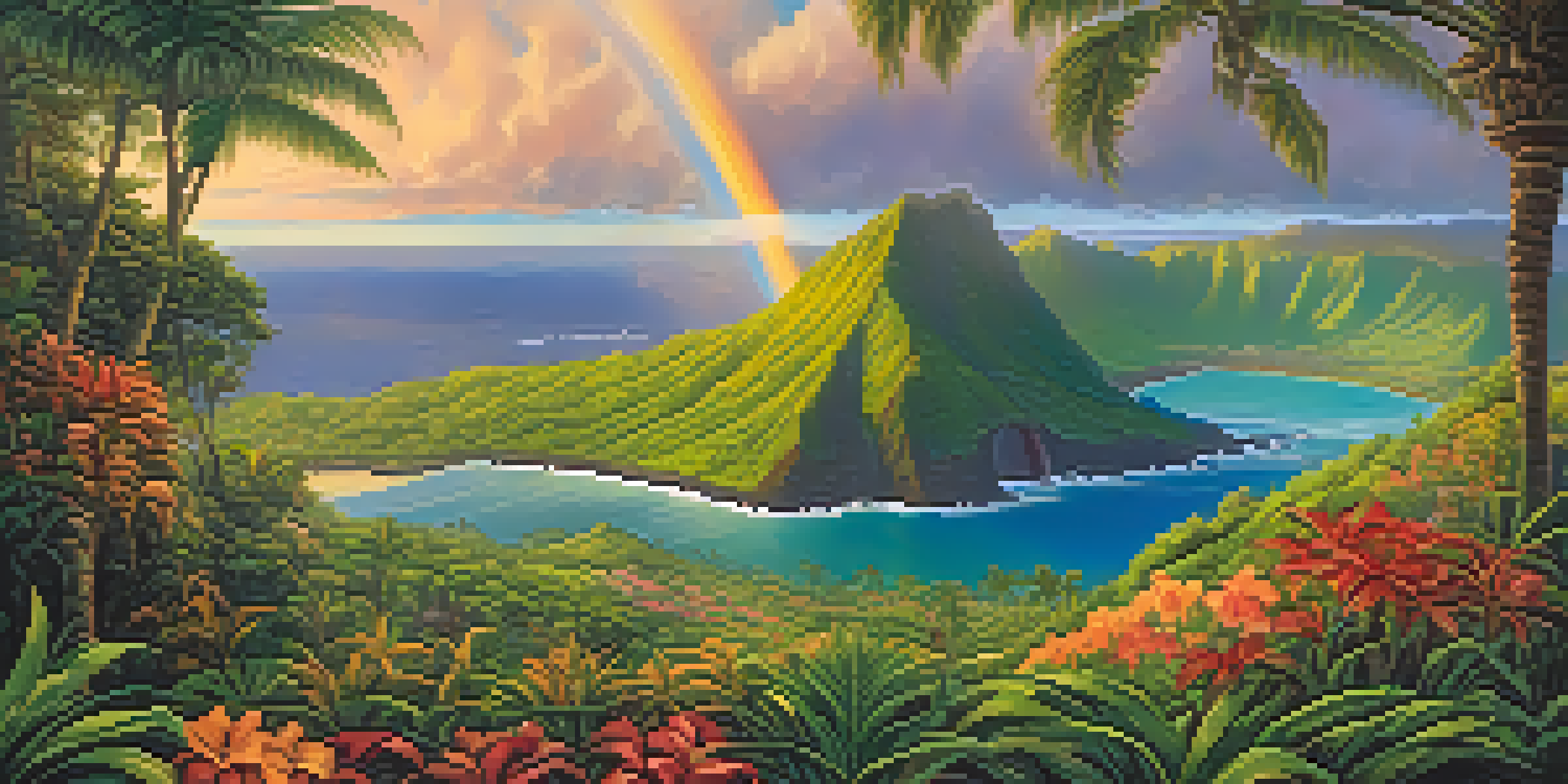 A beautiful Hawaiian landscape at sunrise with green mountains, a waterfall, a rainbow, tropical flowers in the foreground, and a sparkling ocean in the distance.