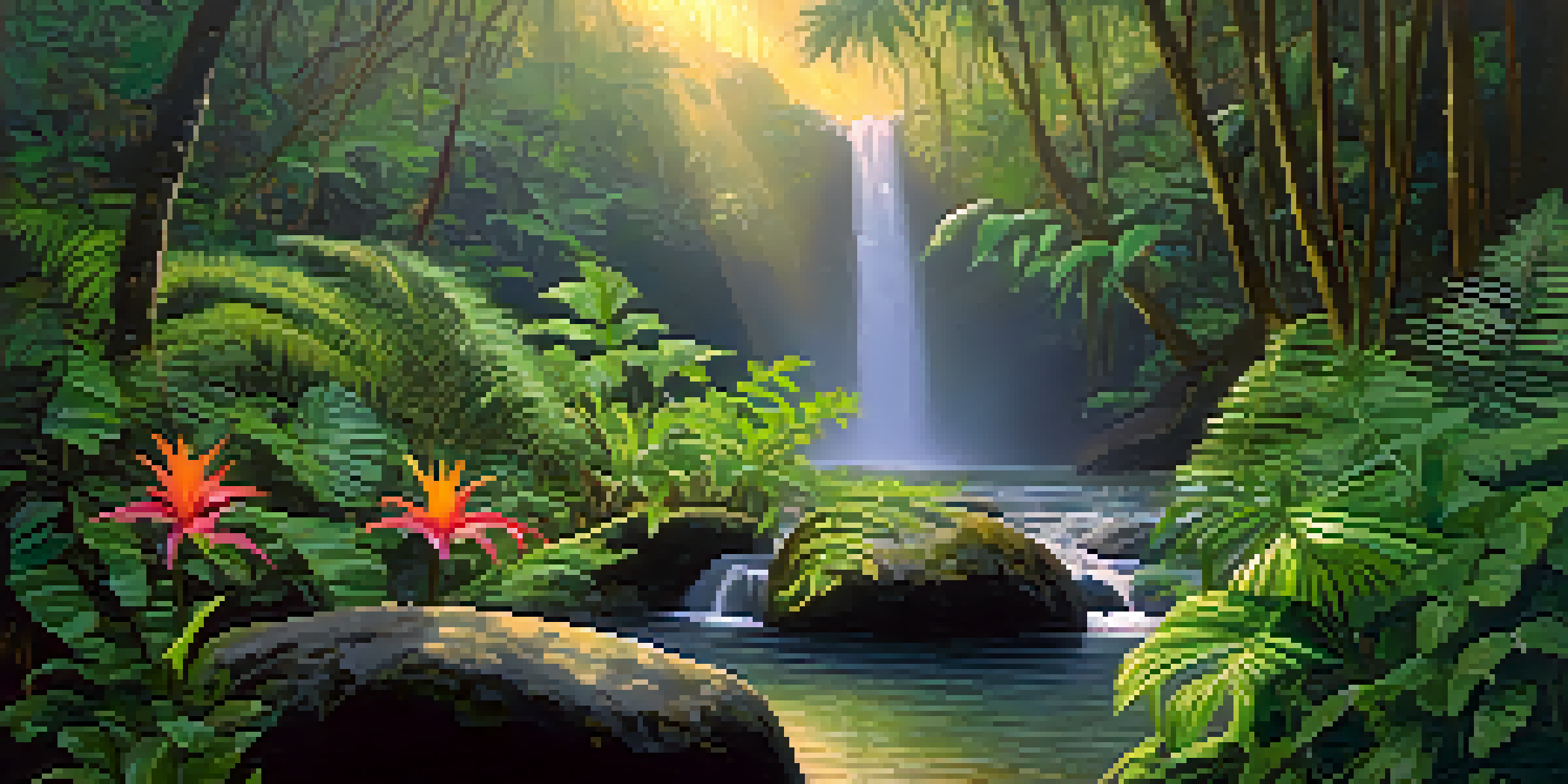 A peaceful Hawaiian rainforest at dawn with lush green plants, a small waterfall, and soft sunlight filtering through the trees.