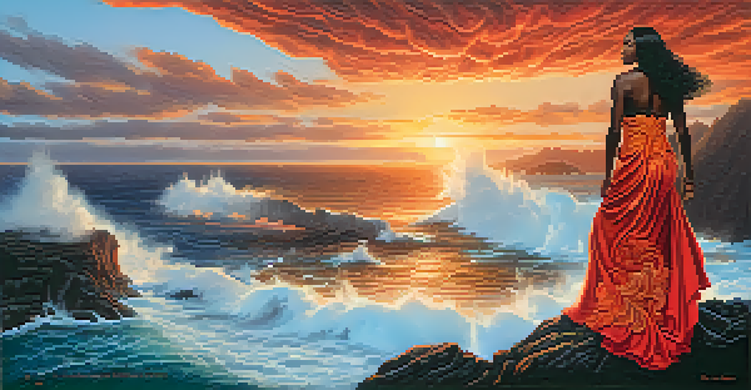An artistic representation of Pele, the goddess of fire, on a cliff with flowing lava-like garments and a sunset backdrop over the ocean.