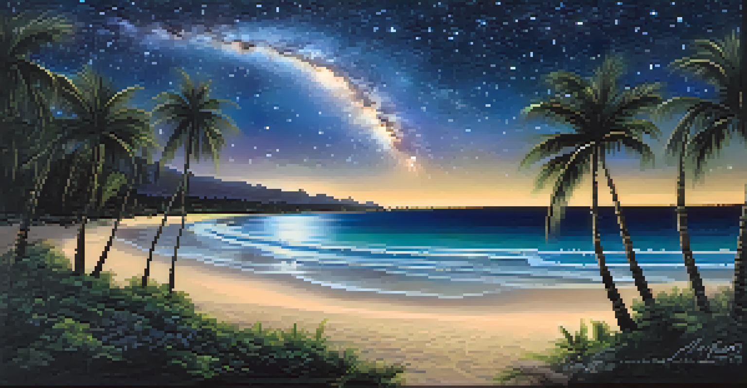 A panoramic view of a Hawaiian beach at night with the Milky Way above, palm trees silhouetted against the starry sky, and ocean waves reflecting starlight.