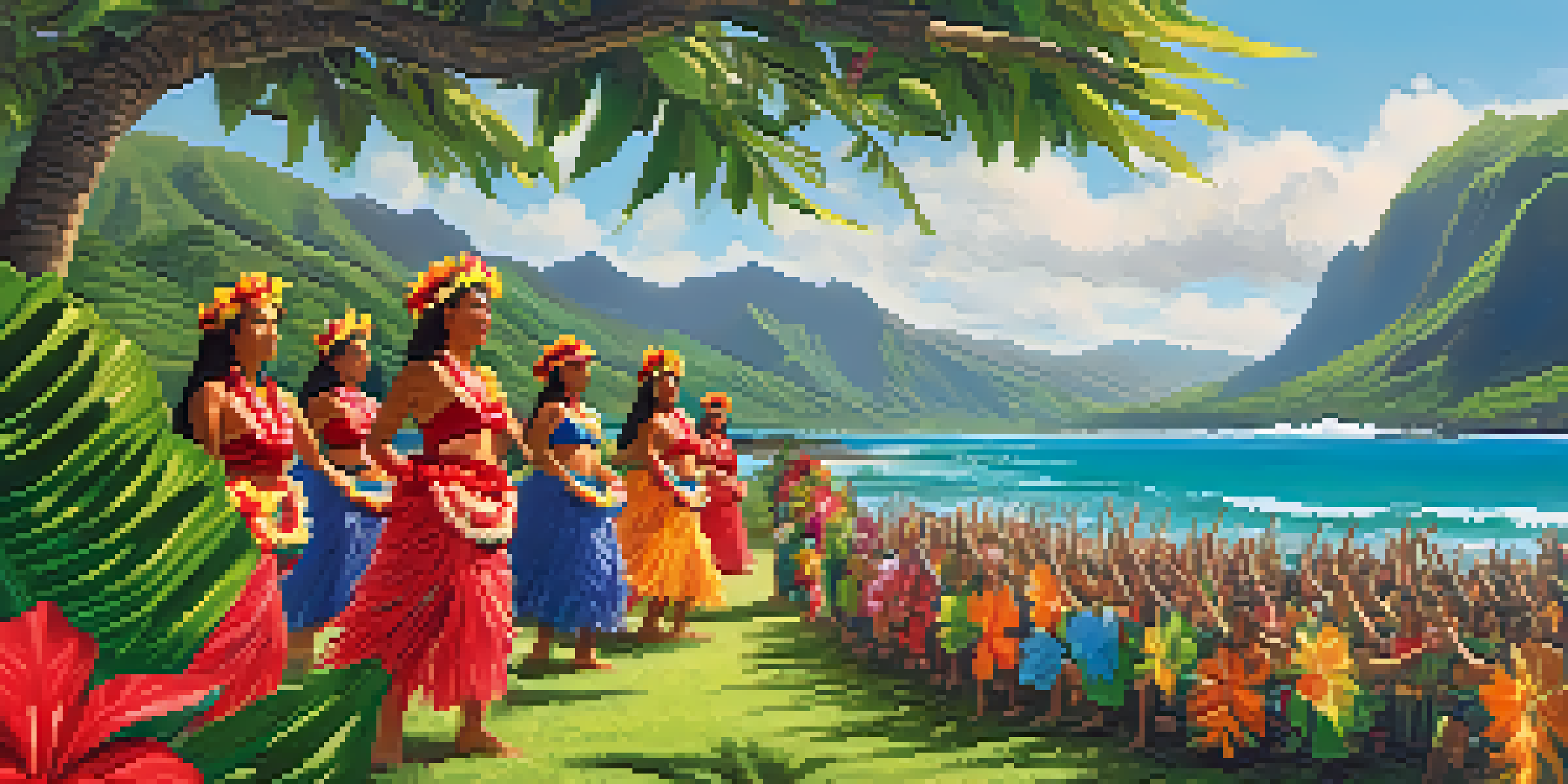 A colorful Hawaiian landscape with activists performing a traditional hula dance, surrounded by mountains and ocean.